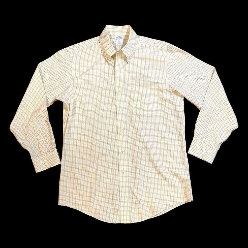 Brooks Brothers Dress Shirt Mens Yellow Blue White Plaid Non-Iron Regent Sz 15.5